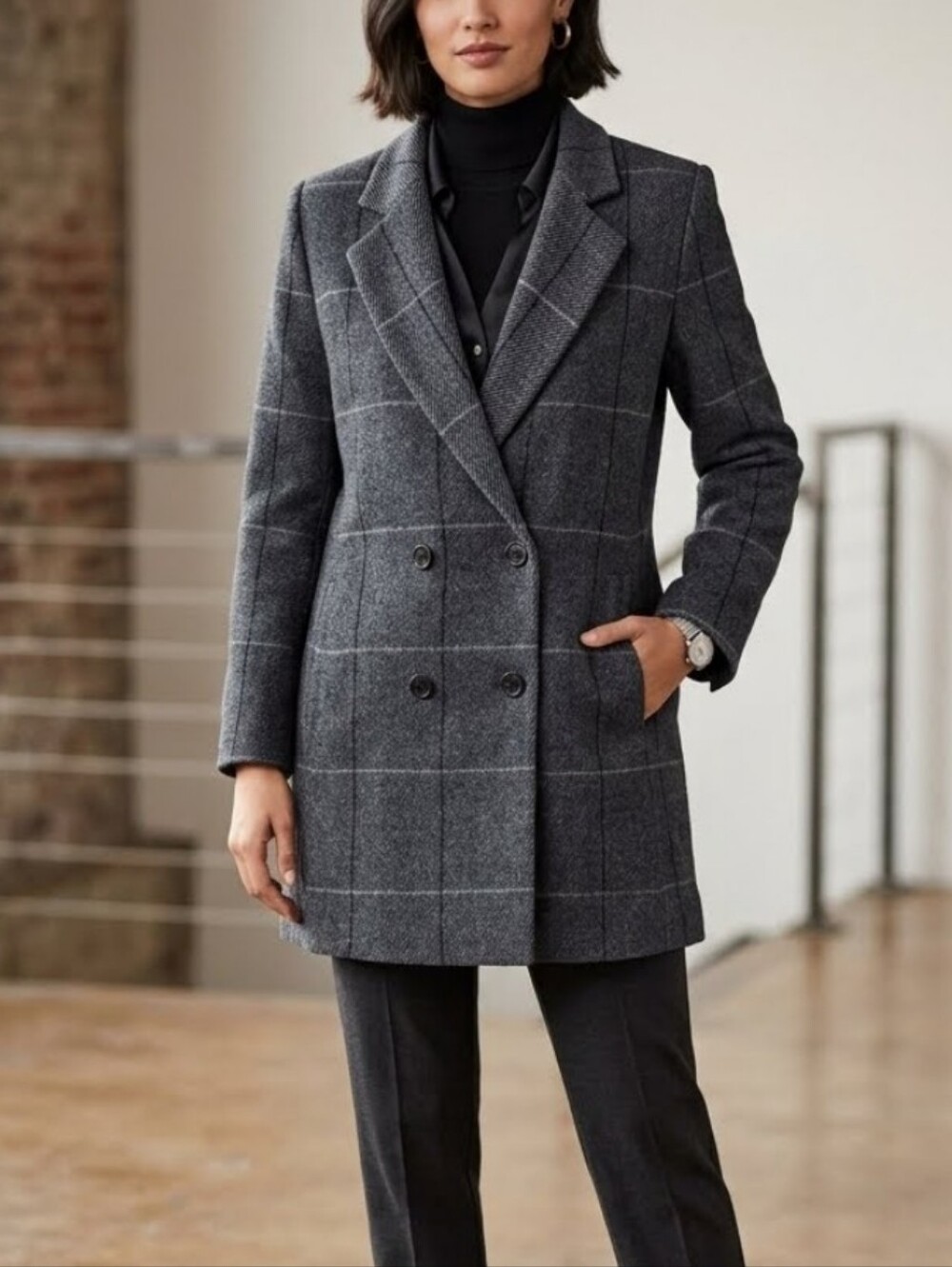 Vintage Karen Cashmere Wool Blend Plaid Double Breasted Jacket